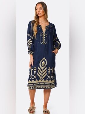 GREEK ARCHAIC KORI
Embroidered Linen Long Sleeve Midi Dresse